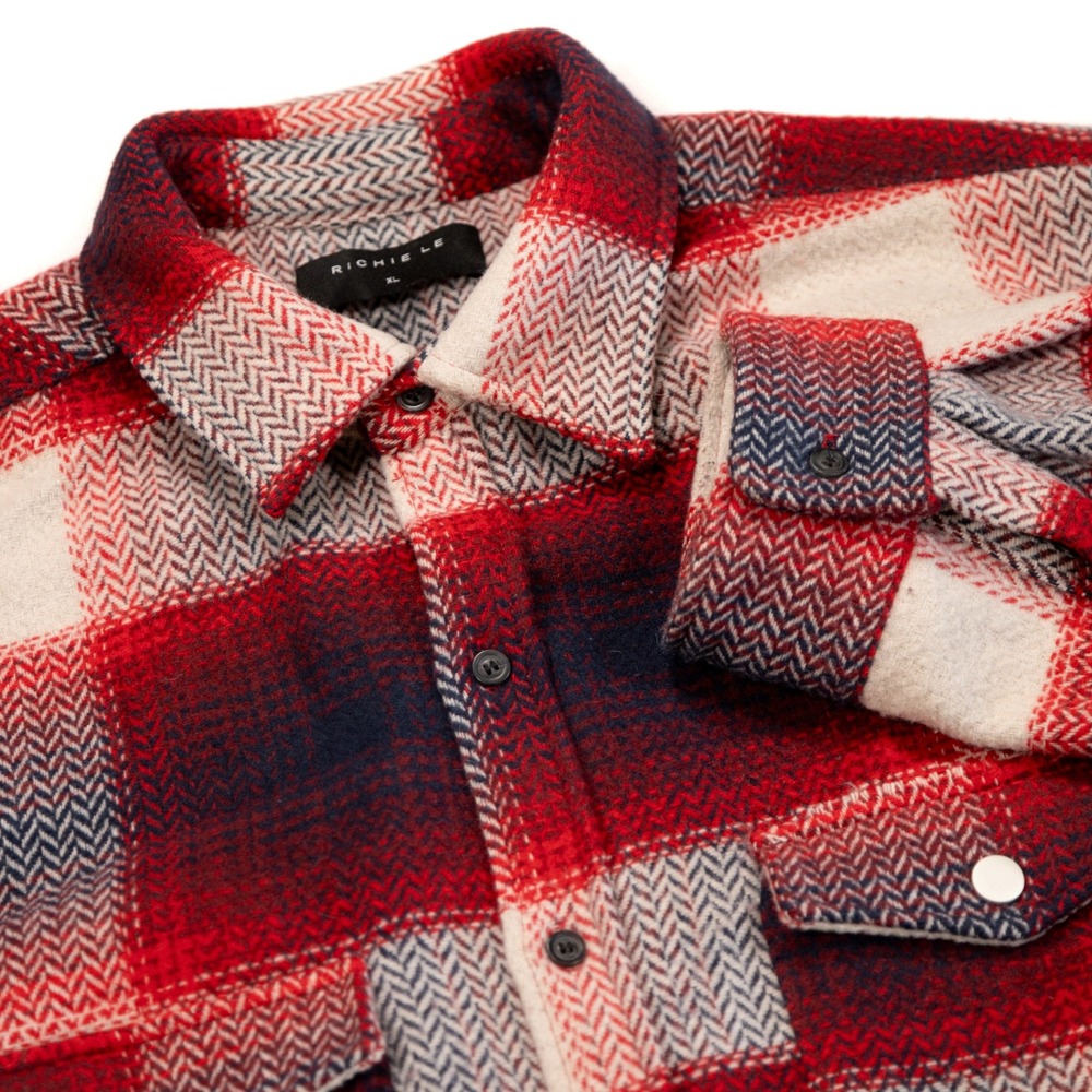 RICHIE LE Men's XL Red Plaid Wool Blend Snap Button Oversized Flannel Jacket